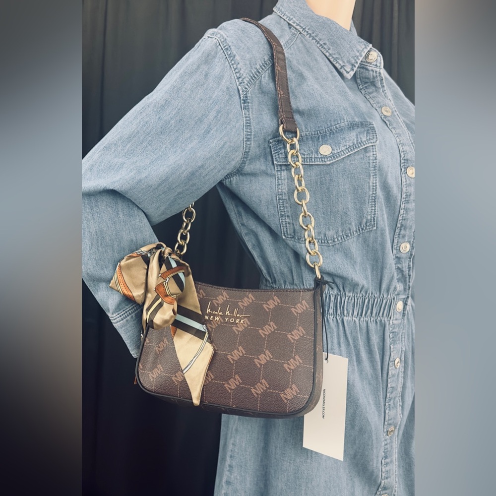 Nicole Miller New York Chocolate Brown Logo Gold Chain Shoulder Bag w/Twilly NWT